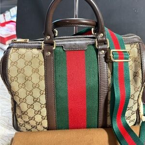 Gucci Beige and Brown Canvas Bag with Green Red Stripe W/ Duster